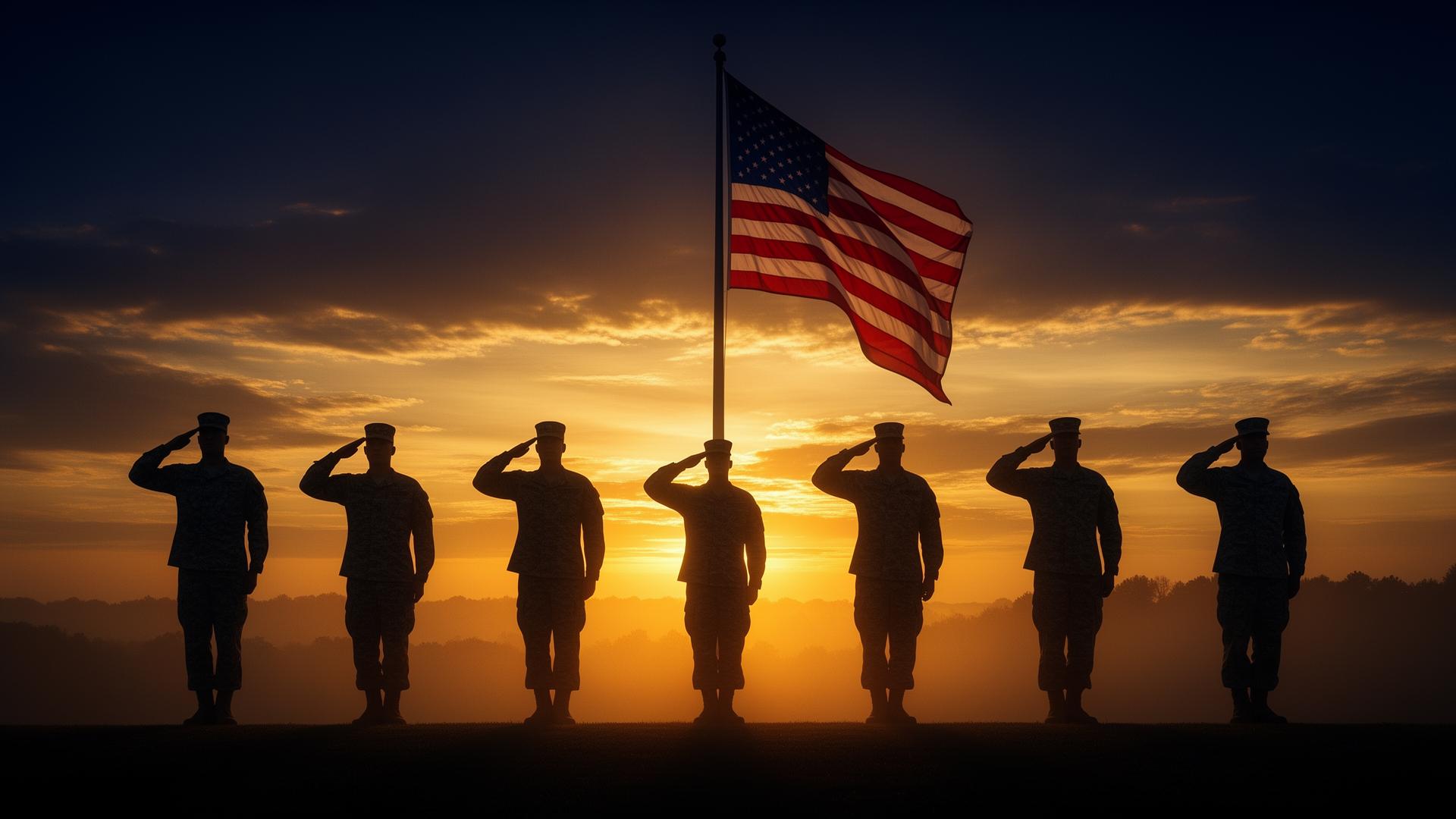 Service members saluting the American flag at sunset